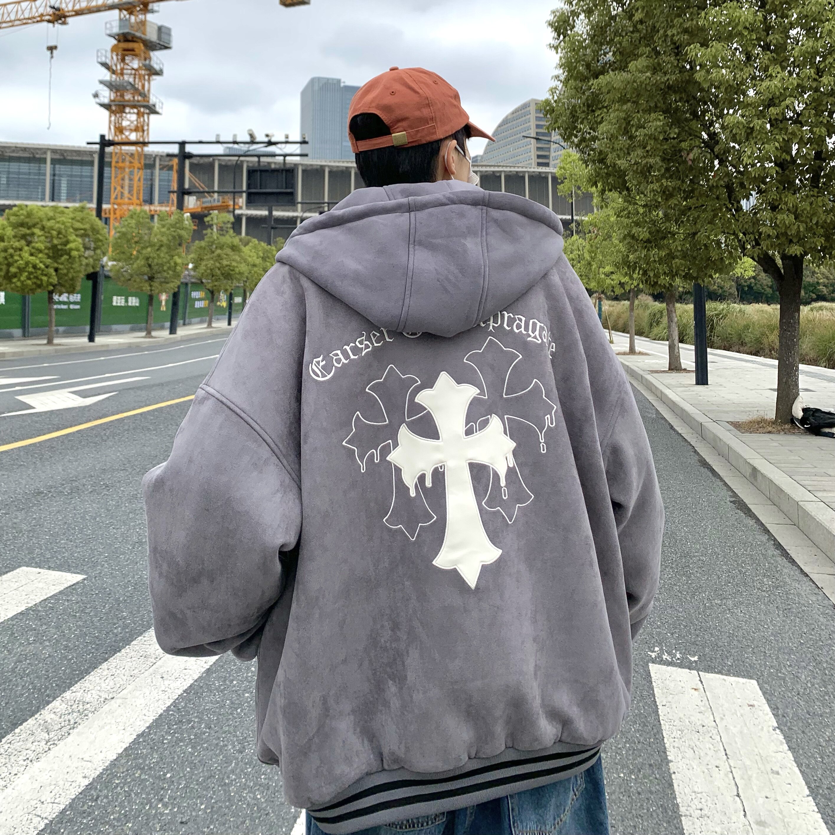 709-MY1012-P125冬季单人鹿皮绒开衫加绒加厚秀十字架连帽棉衣男,男装棉衣,星座709