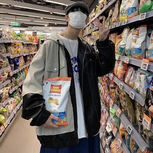 709-JK817-P125 春秋连帽拉链皮衣呢子拼接百搭休闲夹克单人图片