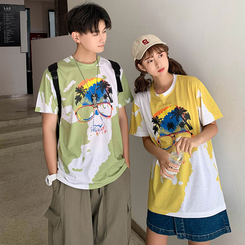 2021 summer harbor couple color contrast skull t-shirt Casual Short Sleeve men's shirt