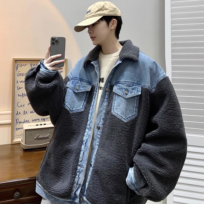709-MY1003-P130 冬季单人羊羔毛拼接牛仔开衫翻领加厚棉衣男图片