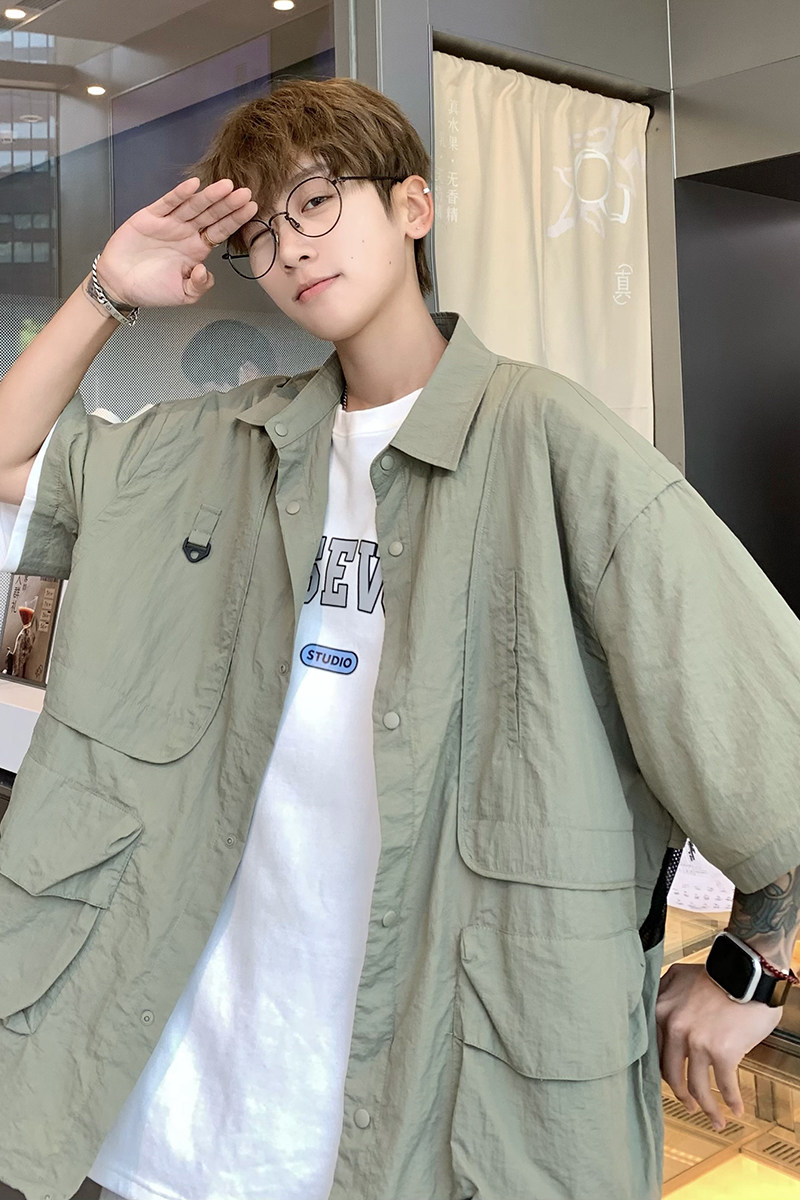 709-C05-P80新款情侣日系复古纯色简约网纱衬衫半袖休闲模特图,男装衬衫,星座709