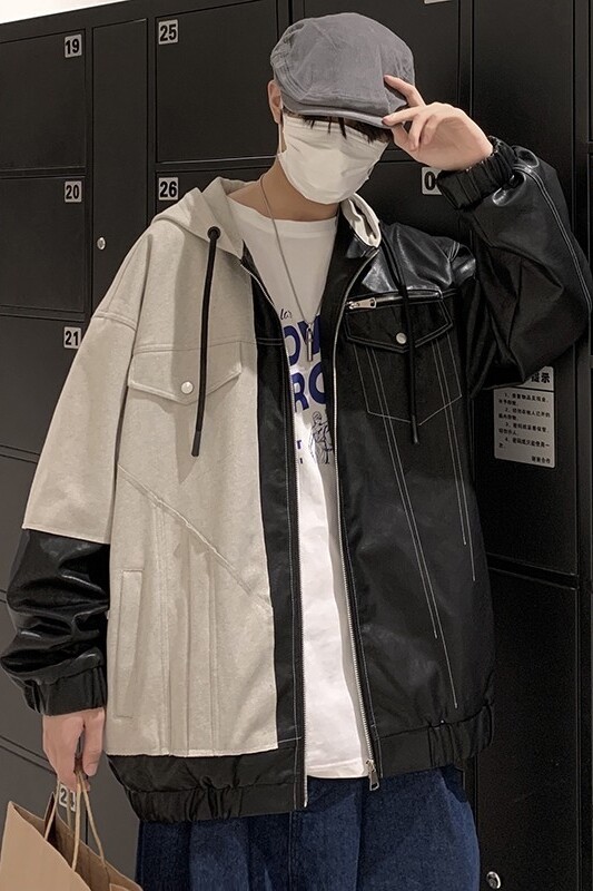 709-JK817-P125春秋连帽拉链皮衣呢子拼接百搭休闲夹克单人,男装夹克,星座709