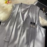 709-MJ70-P65春秋飘带装饰v领纯色宽松休闲大码马甲平铺，男装背心/马甲，星座709