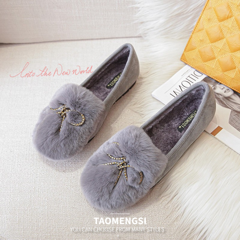 T20惠东易鑫达兔毛毛毛鞋女蝴蝶结豆豆鞋软底加绒女鞋厚底