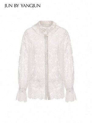 JUNYANG 25AW 白玉如兰荷叶边蕾丝衬衫女新中式修身百搭休闲上衣
