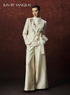 【官方授权】JUNYANG羊脂玉白丝毛裤女新中式阔腿长裤