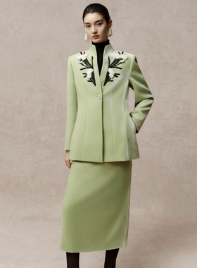 【JOJO官方授权】LAMAISONJADE玉琼秘色真丝手工钉珠立领收身外套