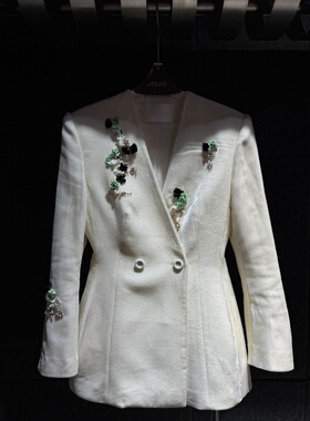 【JOJO官方授权】LAMAISONJADE玉琼白色手工钉珠贝壳丝绒收腰外套