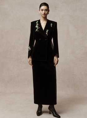 【JOJO官方授权】LA MAISON JADE玉琼黑色钉珠丝绒收腰西装外套