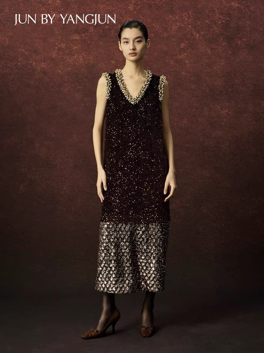 【官方授权】JUNYANG 25AW秋醉涟漪水纹闪片连衣裙新中式背心裙