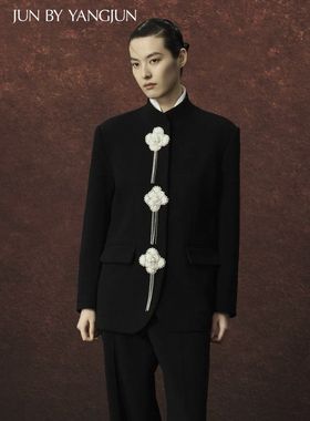 JUNYANG 25AW山茶花刺绣立领中山装女新中式复古宽松百搭西装外套