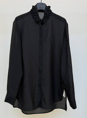【娇娇官方授权】LAMAISONJADE玉琼黑色桑蚕丝花边领衬衫