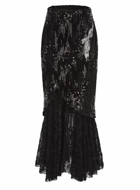 【JOJO官方授权】JUNYANG杨君   花间影丝绒闪片中式鱼尾蕾丝半裙