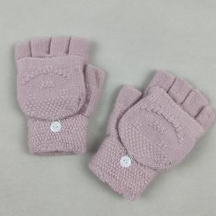 半指翻盖手套秋冬季少女系粉色加厚针织保暖露指学生写字骑车手套
