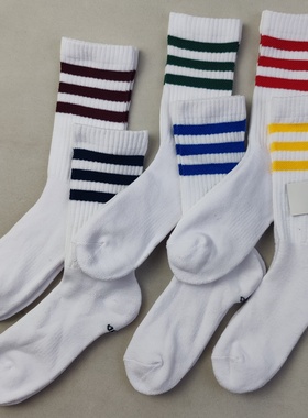 女士白色三道杠学院风运动袜冬季中高筒加厚全毛圈袜子女吸湿排汗