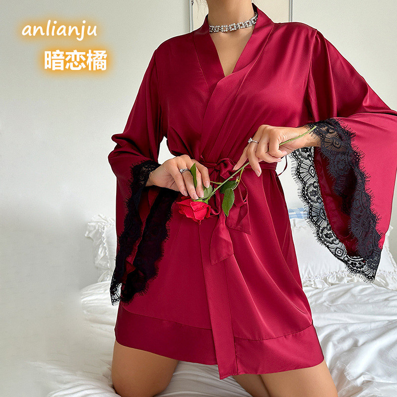 高档缎面仿真丝女性感睫毛蕾丝大喇叭袖睡袍酒红色浴袍睡衣薄短款
