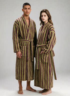 超厚美丽绒男女情侣通用秋冬保暖睡袍珊瑚绒加长浴袍撞色条纹睡衣