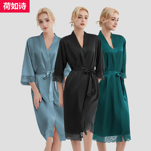 欧码女性感蕾丝花边仿真丝睡袍九分袖中长款浴袍纯色睡衣大码晨袍