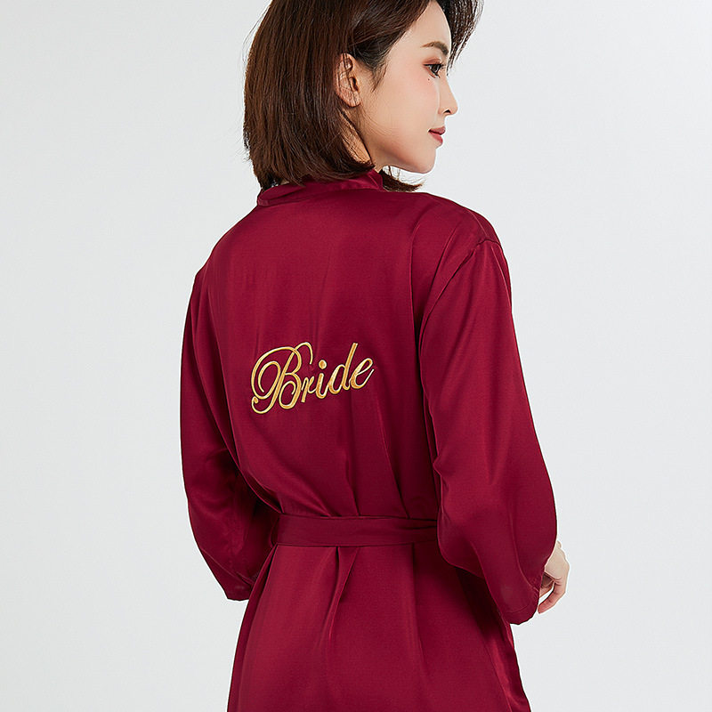 缎面雪纺女新娘bride刺绣结婚晨袍化妆袍7分袖伴娘团睡衣浴袍短款