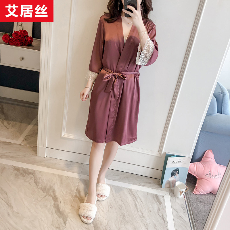 艾居丝女夏仿真丝数睡袍性感蕾丝花边七分袖浴袍睡衣不过膝短款薄