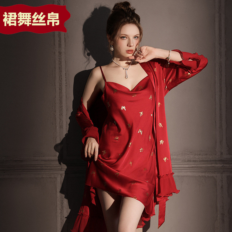 烫金蝴蝶结冰雪丝中长款睡袍性感荡领吊带睡裙仿真丝睡衣两件套装