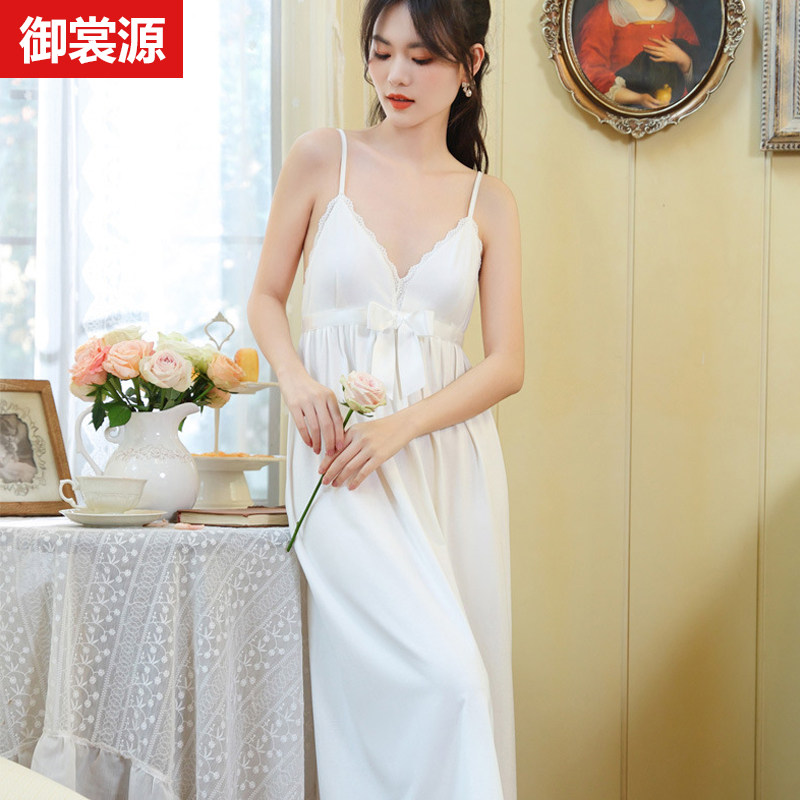 自带胸垫女95弹力纯棉性感深V吊带睡裙 中长蕾丝花边蝴蝶结连衣裙