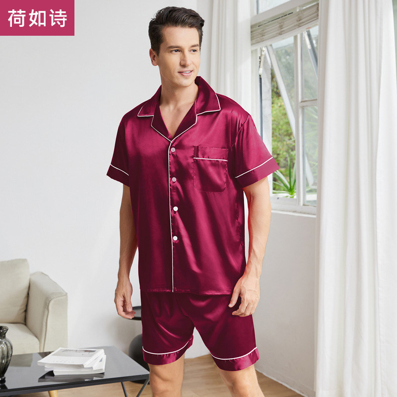 欧码外贸男夏冰丝镶边睡衣套装翻领短袖短裤纯色开衫家居服薄大码