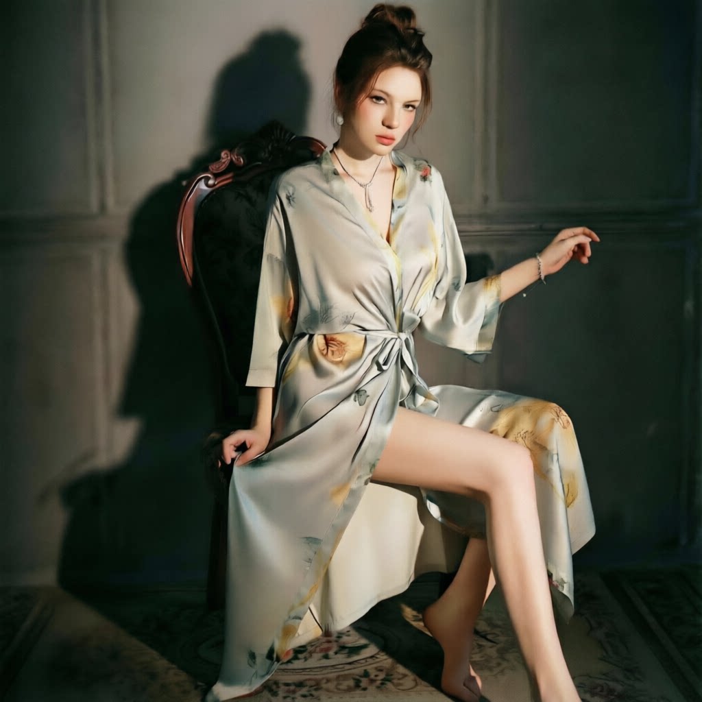 中国风花卉睡袍大码冰丝缎面晨袍夏加长款七分袖汉服浴袍女仿真丝
