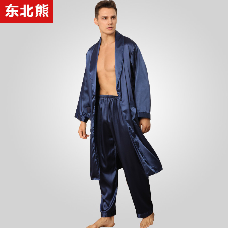 睡袍加长裤两件套装男高档缎面仿真丝简约纯色酒店冰丝长袖浴袍薄