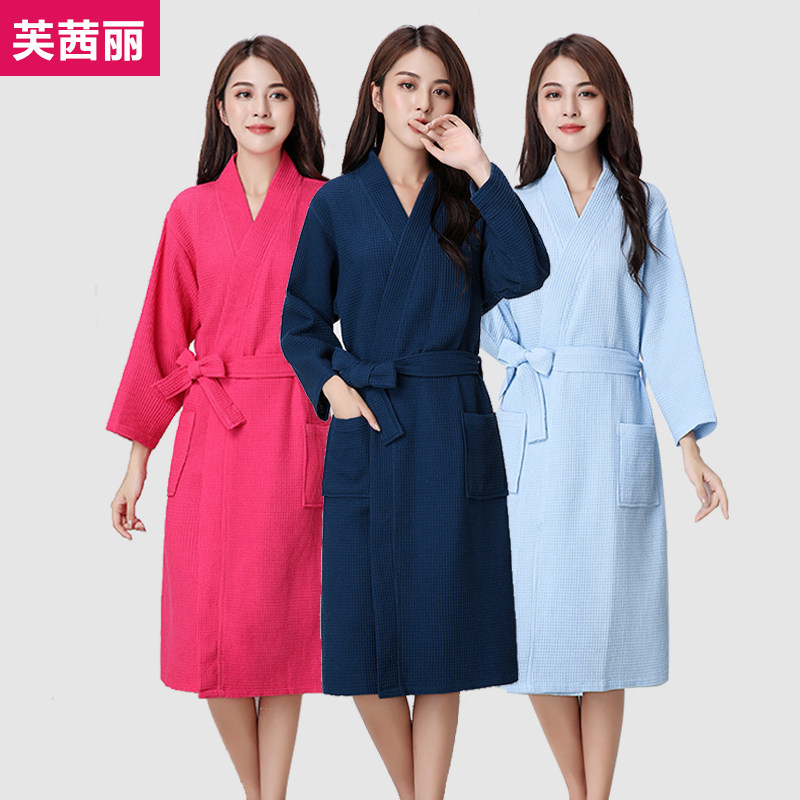 100%纯棉男女情侣经典细华夫格过膝中长款睡袍吸水长袖浴袍纯色薄