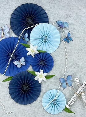 新中式蓝色绿色系扇花折扇国风圆形花朵纸扇装饰布置教室屋顶吊饰