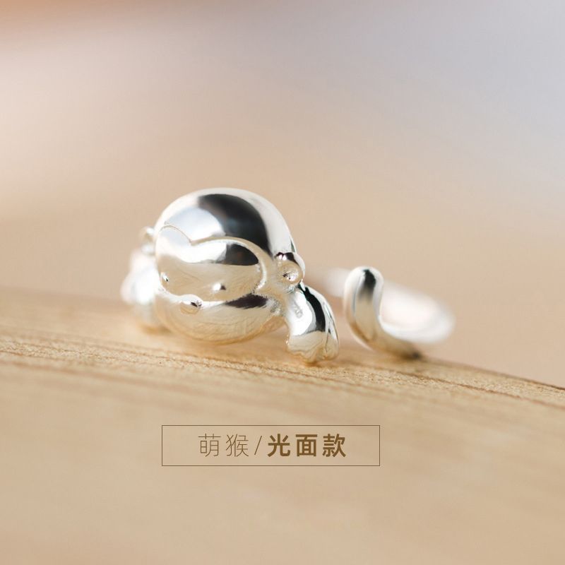 s925纯银十二生肖小猴子戒指女卡通可爱个性光面拉丝开口闺蜜指环