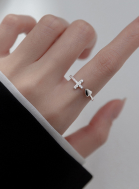 s925纯银爱心十字架女戒指简约轻奢满钻韩版食指环开口可调节刻字