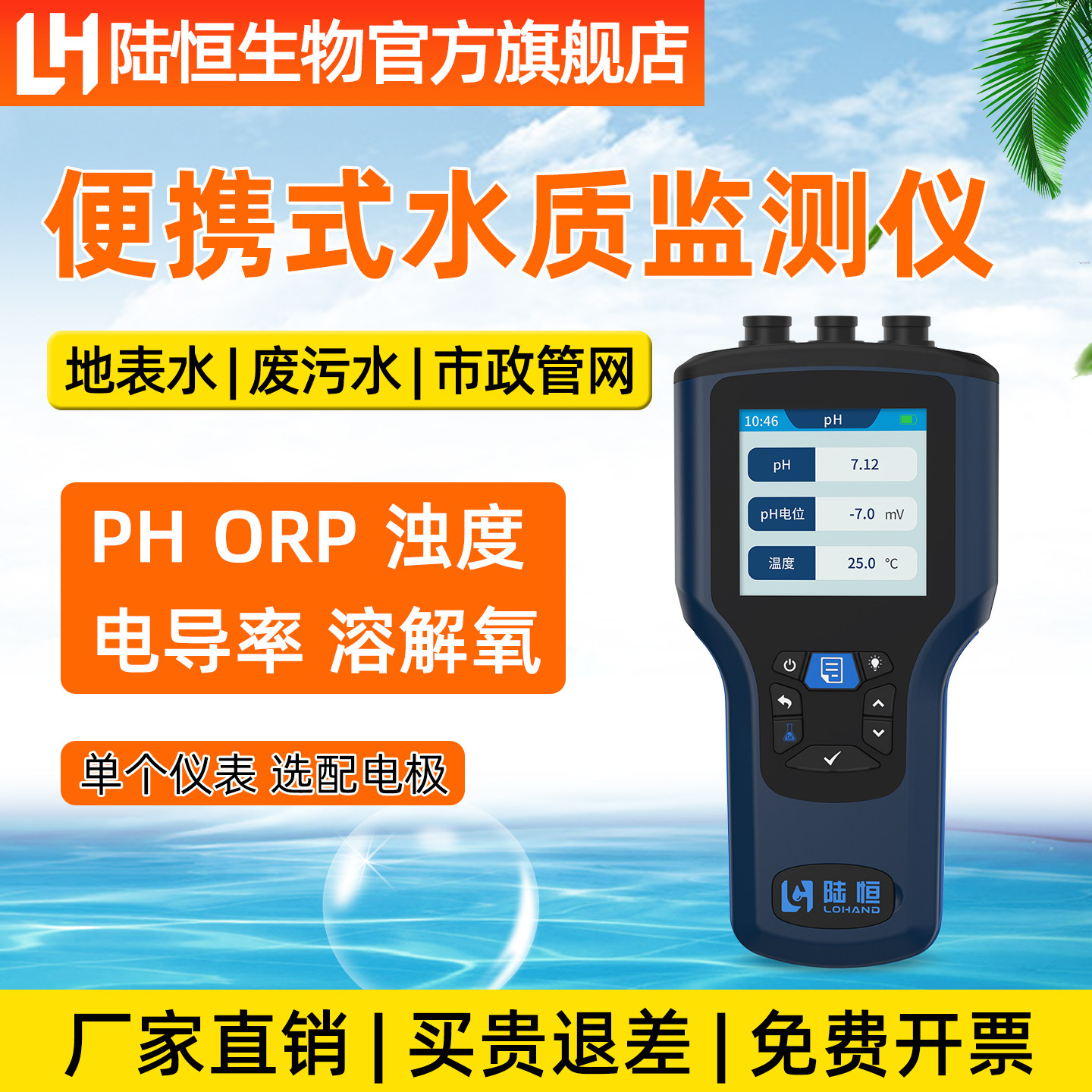 陆恒生物可携式水质检测仪溶解氧分析仪PH测试仪电导率线上监测仪