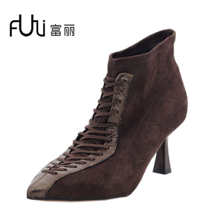 富丽女鞋2025秋冬季新款气质尖头弹力靴细跟绑带简约瘦瘦靴585-09
