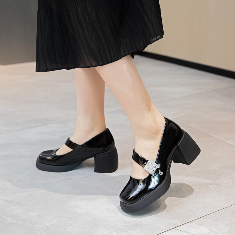 富丽小香风女鞋2024新款春季高跟7cm小皮鞋玛丽珍粗跟单鞋838-877