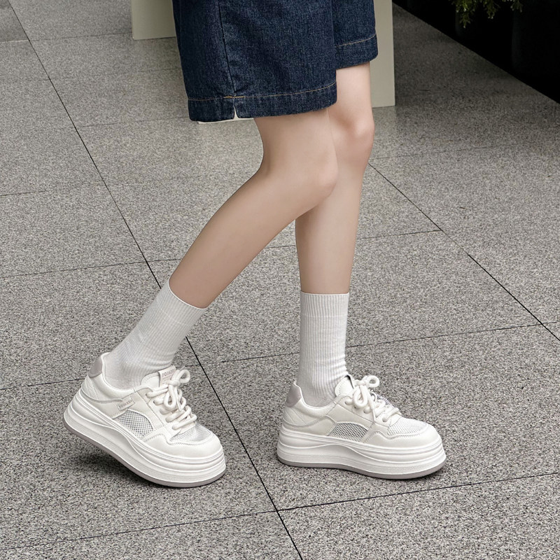 富丽女鞋2026夏季厚底小白鞋女轻便休闲鞋牛皮+网百搭板鞋女66-33