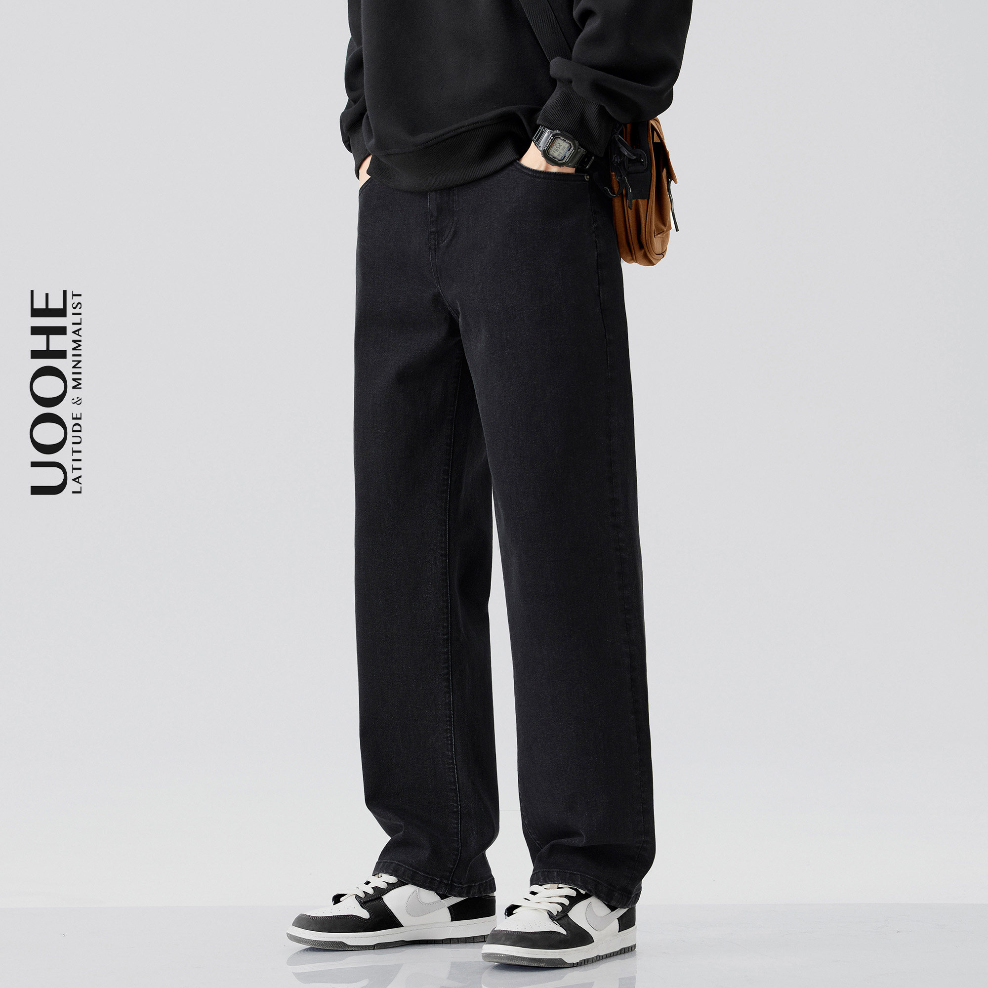 UOOHE黑色牛仔裤2025新款男春季款透气阔腿宽松窄版直筒休闲 裤子