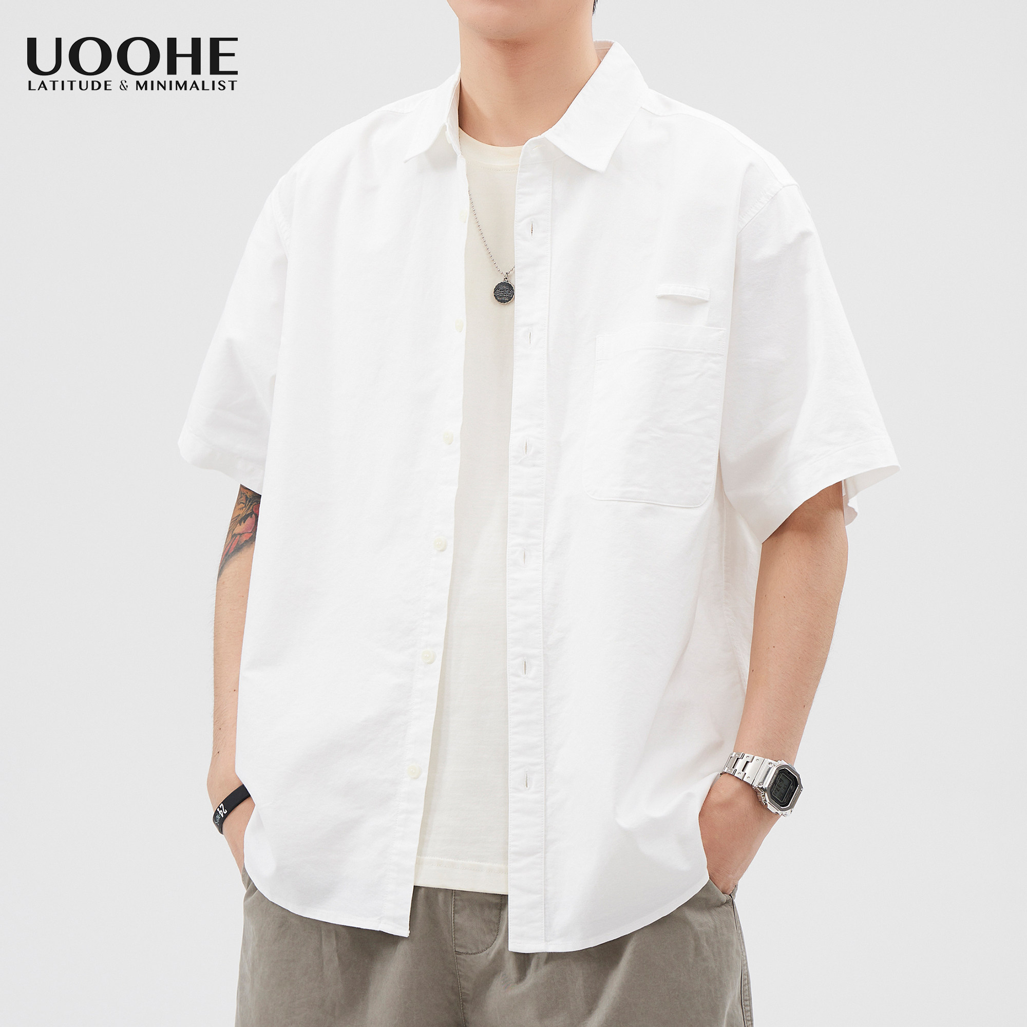 UOOHE日系白色短袖衬衫男夏季新款潮牌宽松休闲 男生半袖衬衣外套