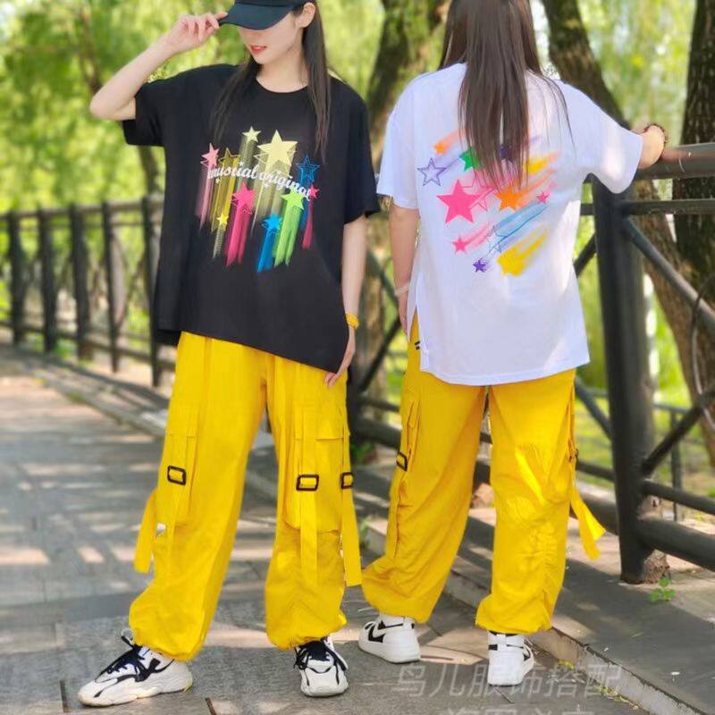 广场舞曳步舞夏季新款时尚开叉印花短袖多飘带工装裤男女同款时髦