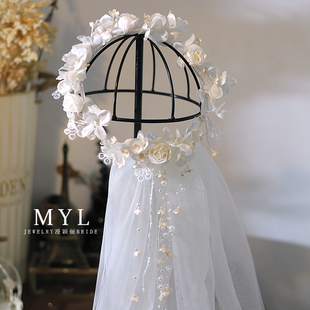 手作烫花复古法式浪漫铃兰头纱新娘头纱山茶花蕾丝花瓣花环式头纱