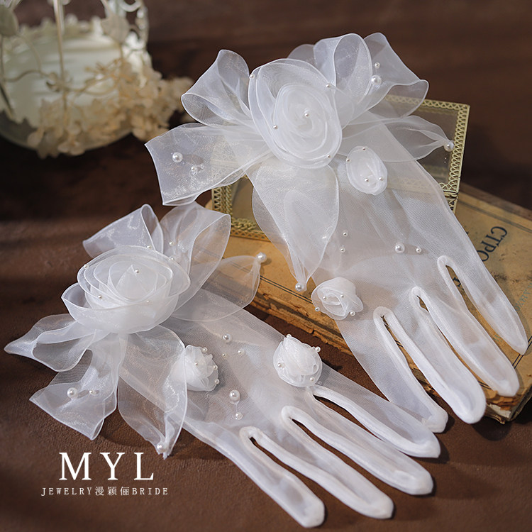 原创手作柔纱玫瑰花蝴蝶结短手套新娘结婚白纱配饰写真样片旅拍饰