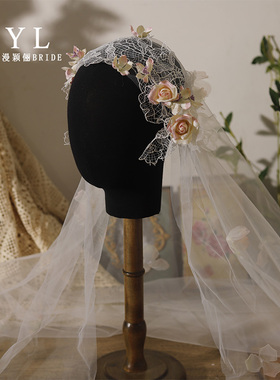 蔷薇花复古蕾丝民国风头纱帽法式气质新娘结婚头饰旅拍发饰品