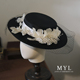 复古礼帽新娘摄影跟妆帽子 赫本风黑色平顶帽奶茶色绢纱水晶花法式