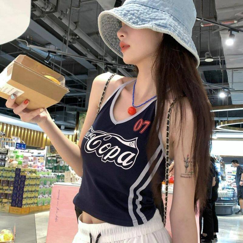 美式辣妹字母印花v领吊带小背心夏短款内搭性感美背挂脖上衣T恤
