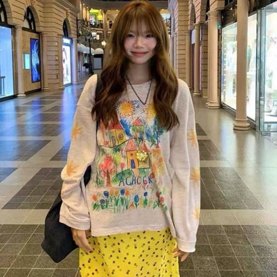 美式复古涂鸦印花长袖t恤女