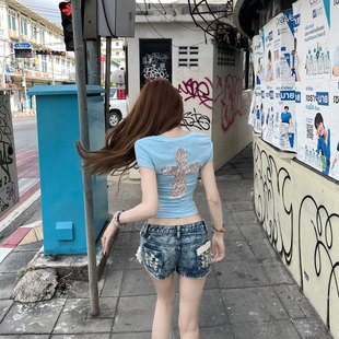 显瘦休闲纯欲上衣 美式 辣妹十字架蕾丝拼接圆领短袖 T恤女夏季 修身