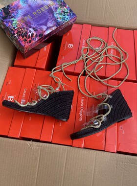 脚环系带水钻坡跟麻绳凉鞋 出口欧美单女鞋方头露趾防水台高跟鞋