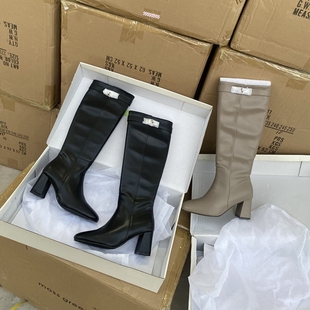 外贸原单时尚 女靴 洋气春秋尖头粗跟长靴高跟高筒侧拉链骑士时装