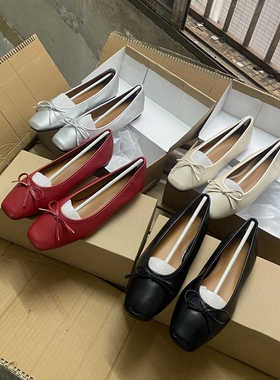 2024春季法式红色蝴蝶结单鞋女百搭舒适软底平底方头浅口豆豆婚鞋